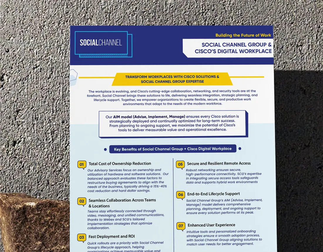 One-page sales sheet for Social Channel Group and Cisco Digital Workplace